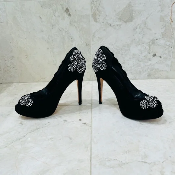 KAREN MILLEN {6} Black Silver Beaded Pumps Peep Toe Stiletto - Picture 4 of 16